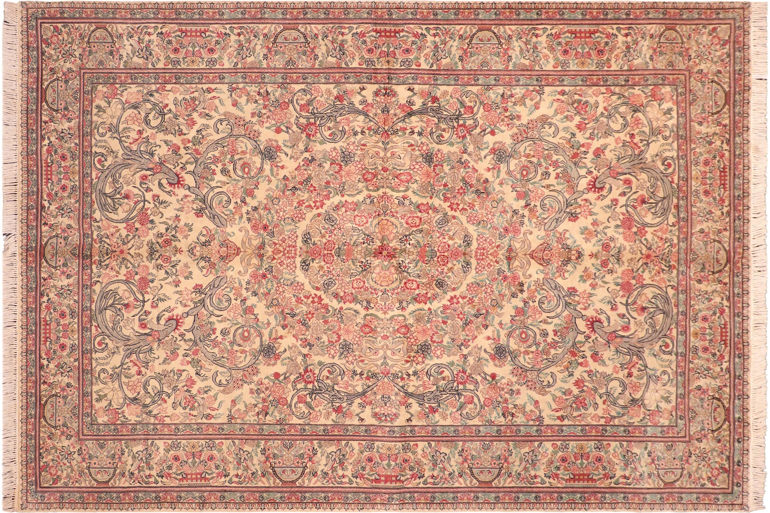 handmade Traditional Tamour Ivory Pink Hand Knotted RECTANGLE 100% WOOL area rug 6x9