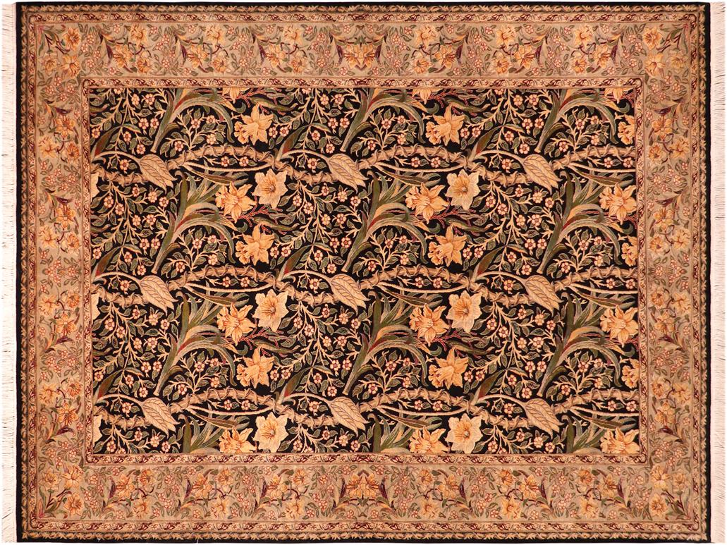 handmade Traditional Dafodils Black Taupe Hand Knotted RECTANGLE 100% WOOL area rug 6x9