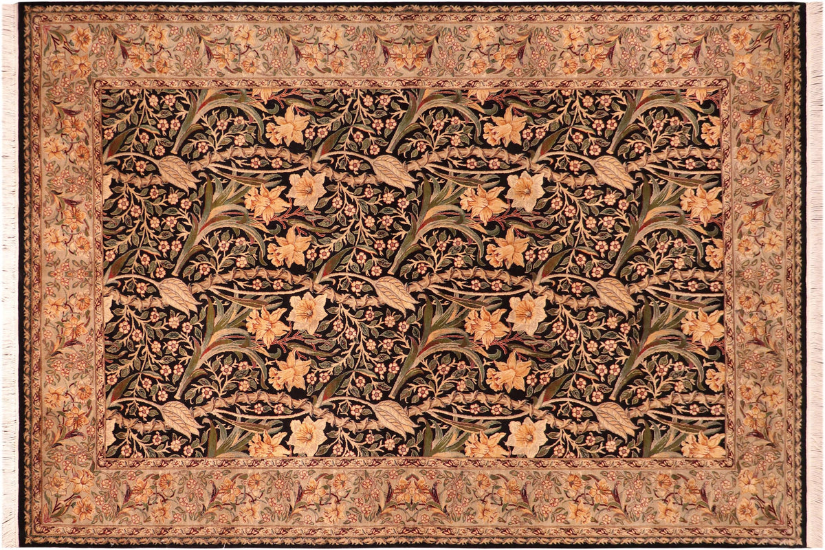 handmade Transitional Dafodils Black Taupe Hand Knotted RECTANGLE 100% WOOL area rug 6x9