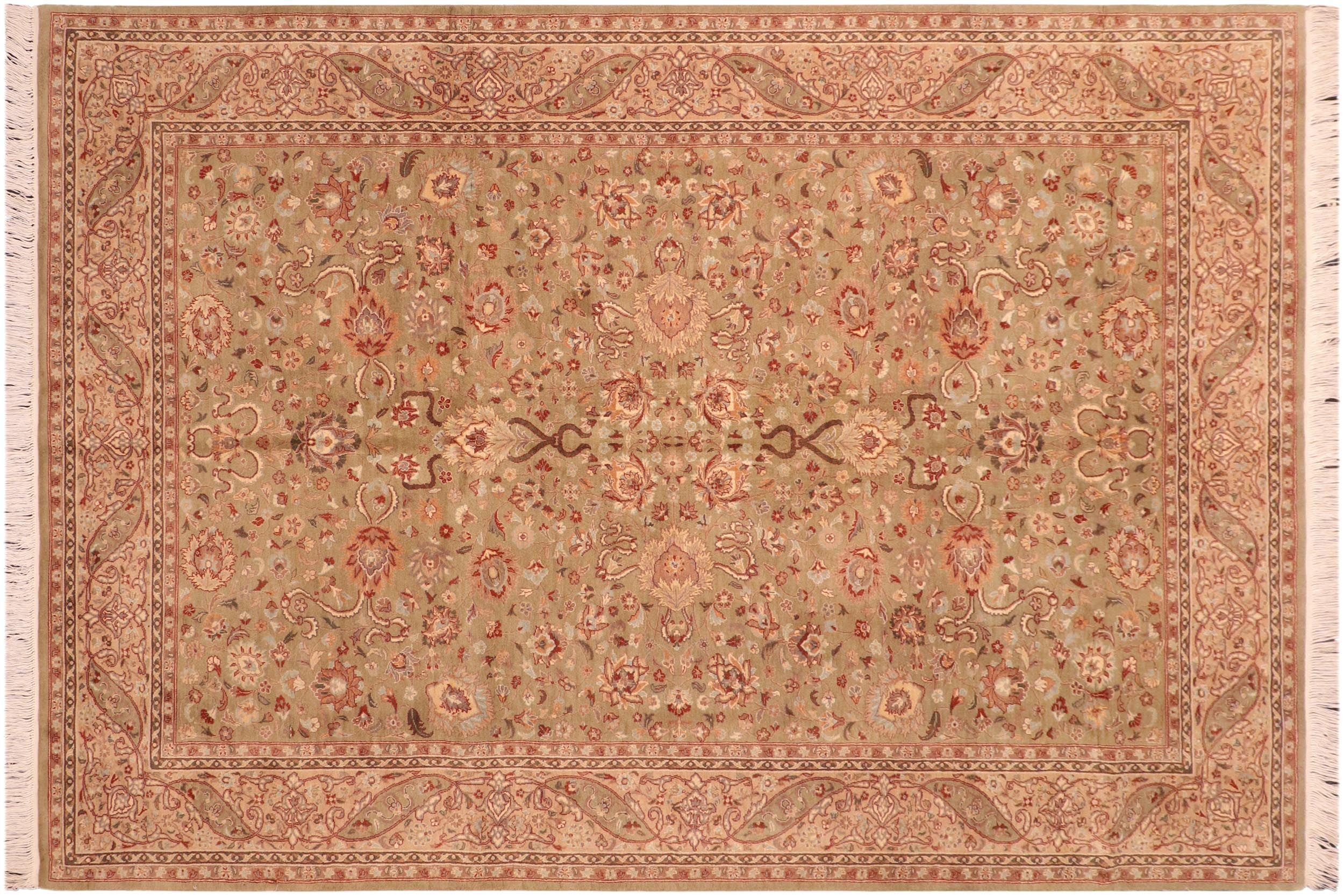 handmade Traditional Kashan Green Taupe Hand Knotted RECTANGLE 100% WOOL area rug 6x9