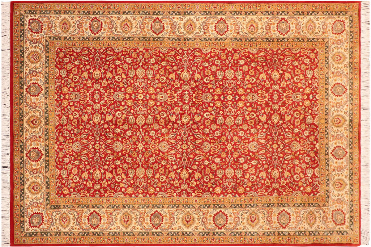 handmade Transitional Lahore Red Beige Hand Knotted RECTANGLE 100% WOOL area rug 6x9