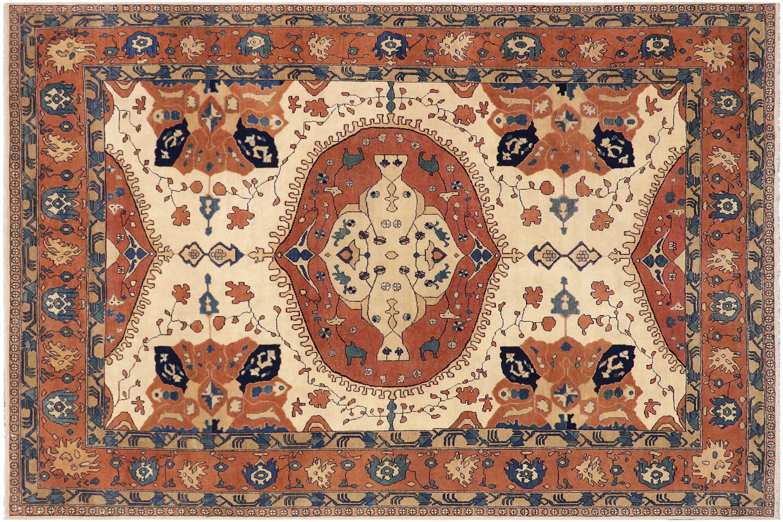 handmade Traditional Kafkaz Beige Rust Hand Knotted RECTANGLE 100% WOOL area rug 9' x 13'
