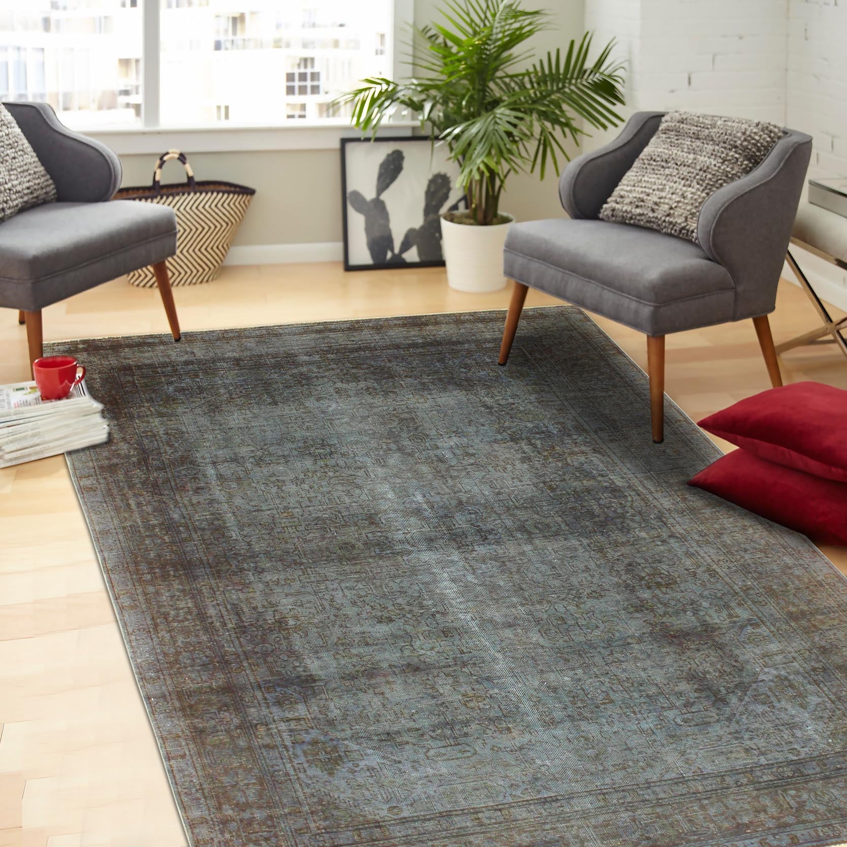 handmade Modern Vintage Blue Brown Hand Knotted RECTANGLE 100% WOOL area rug 8' x 11'