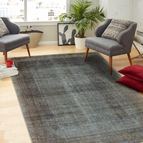 handmade Modern Vintage Blue Brown Hand Knotted RECTANGLE 100% WOOL area rug 8' x 11'