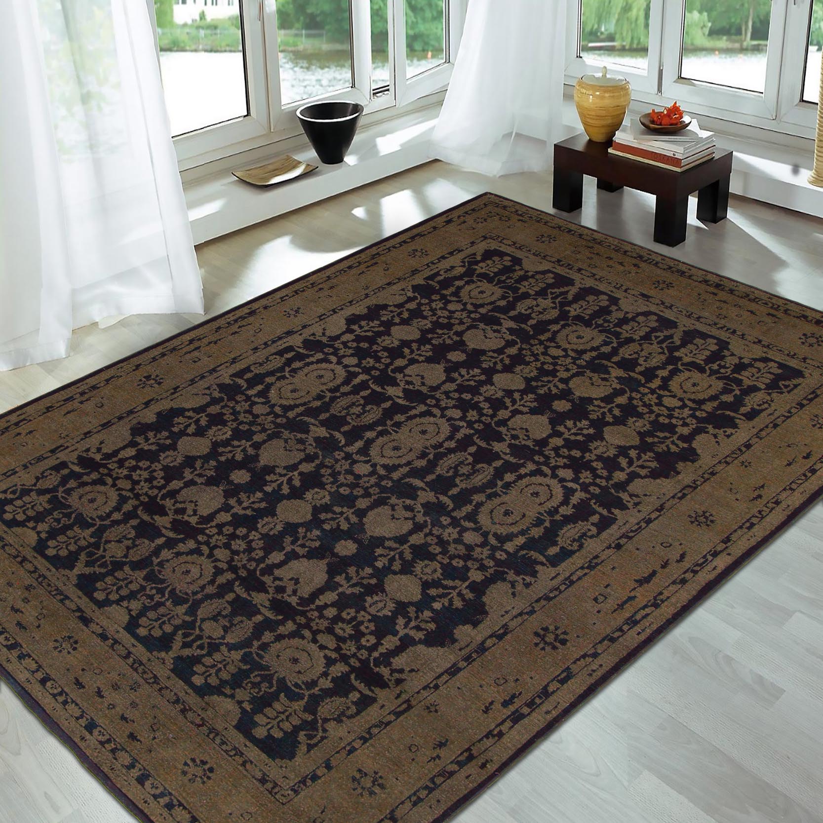 handmade Transitional Vintage Blue Brown Hand Knotted RECTANGLE 100% WOOL area rug 8' x 12'