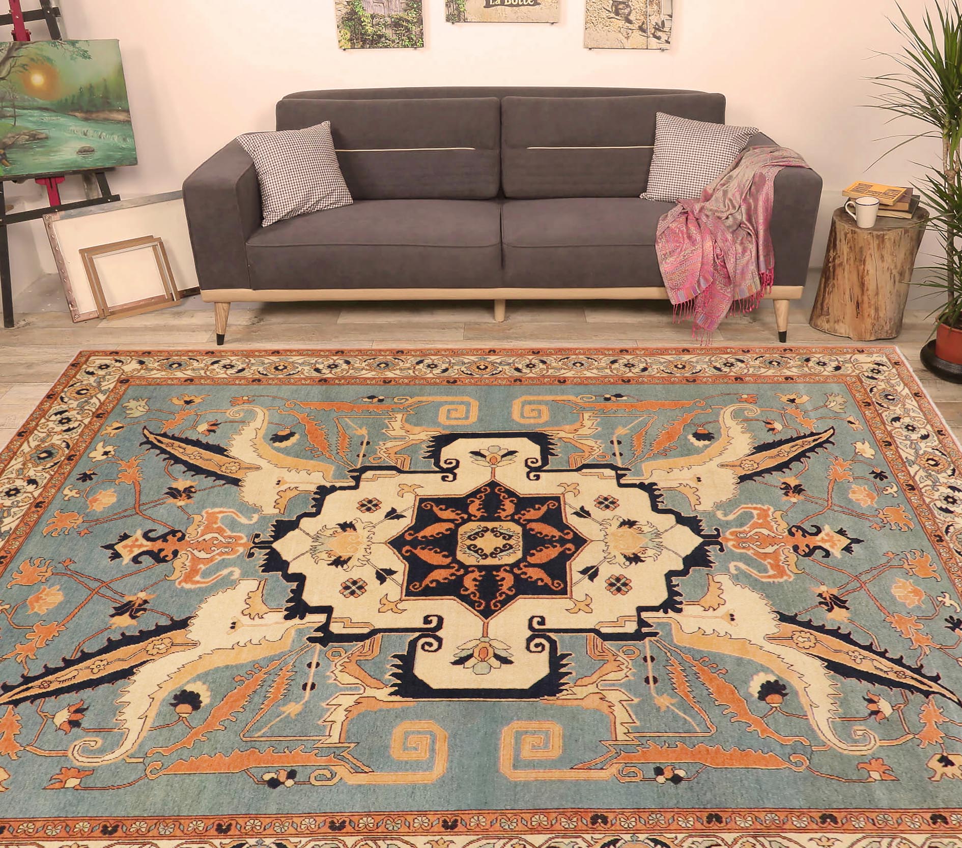 handmade Traditional Kafkaz Blue Beige Hand Knotted RECTANGLE 100% WOOL area rug 9' x 12'