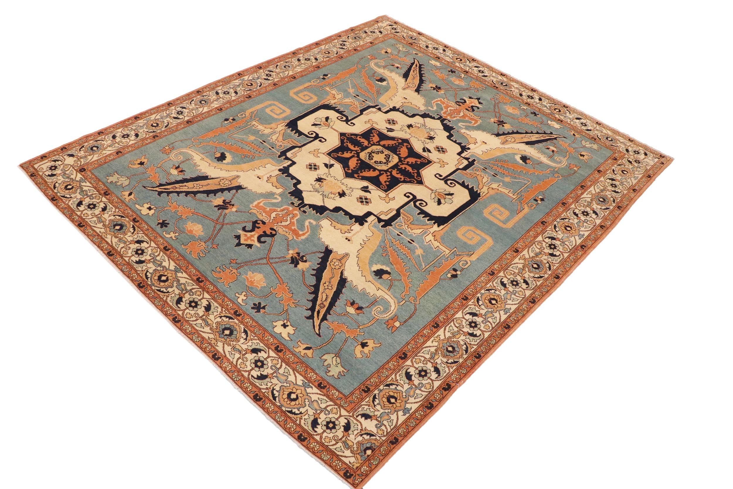 handmade Traditional Kafkaz Blue Beige Hand Knotted RECTANGLE 100% WOOL area rug 9' x 12'