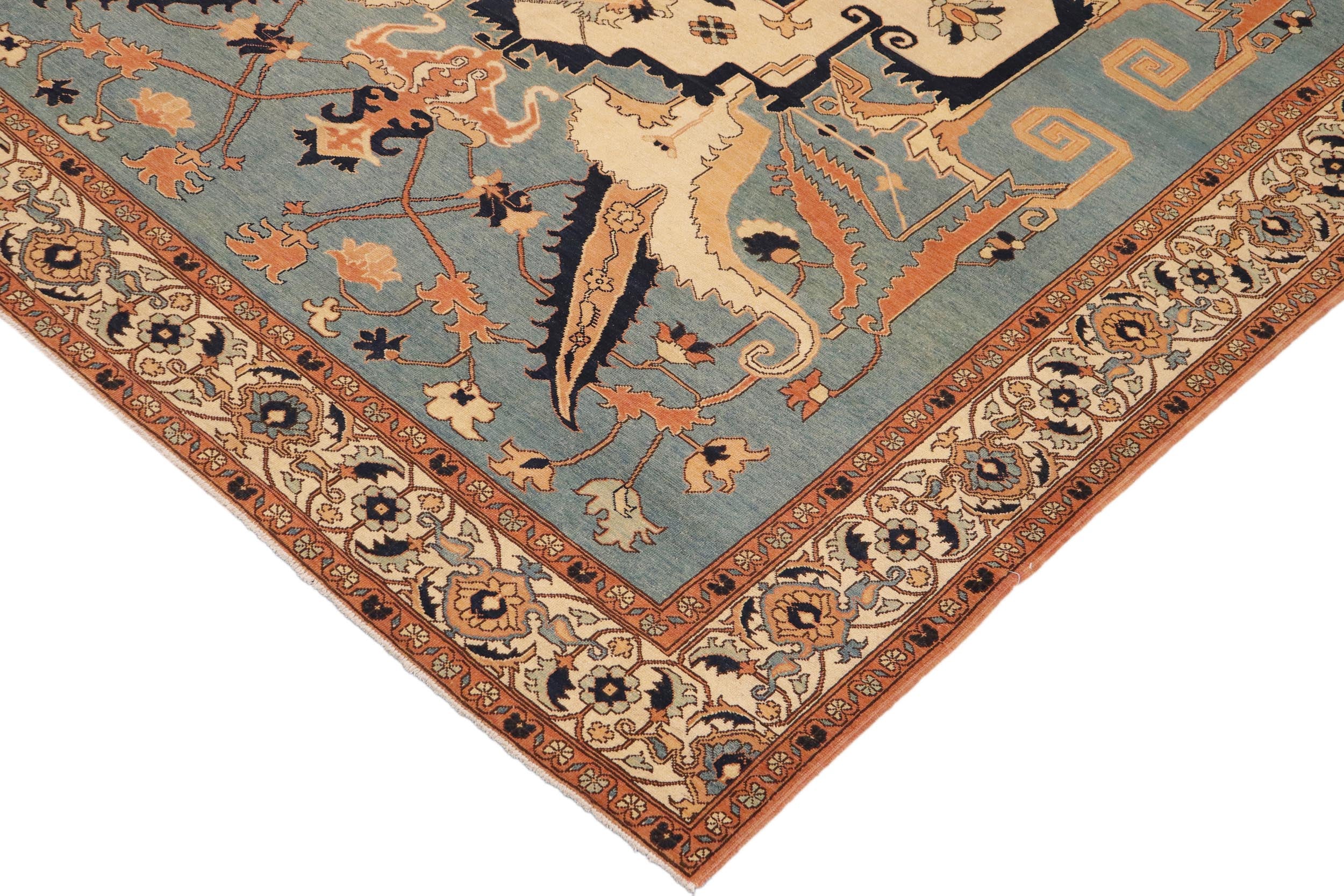 handmade Traditional Kafkaz Blue Beige Hand Knotted RECTANGLE 100% WOOL area rug 9' x 12'