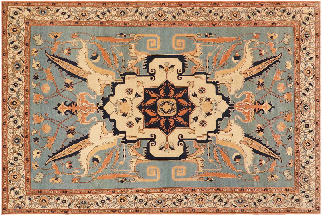 handmade Traditional Kafkaz Blue Beige Hand Knotted RECTANGLE 100% WOOL area rug 9' x 12'