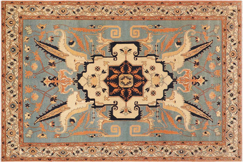handmade Traditional Kafkaz Blue Beige Hand Knotted RECTANGLE 100% WOOL area rug 9' x 12'