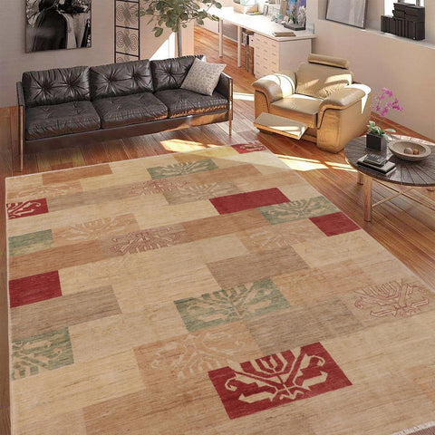 handmade Modern Kafkaz Tan Red Hand Knotted RECTANGLE 100% WOOL area rug 9' x 11'