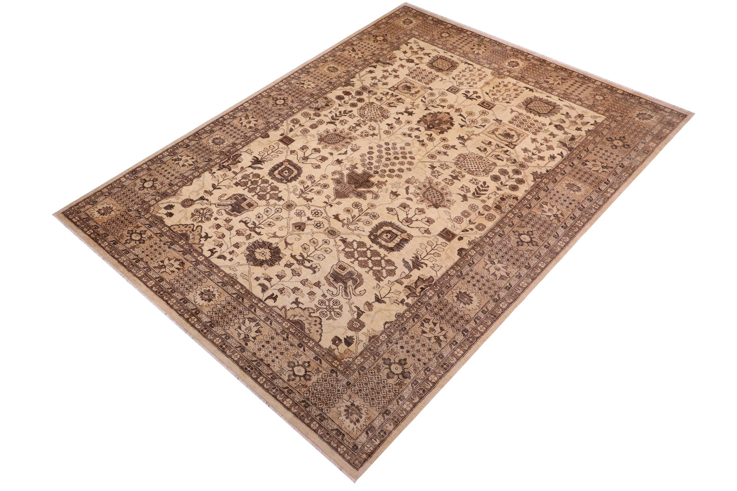 handmade Geometric Kafkaz Tan Ivory Hand Knotted RECTANGLE 100% WOOL area rug 10' x 14'