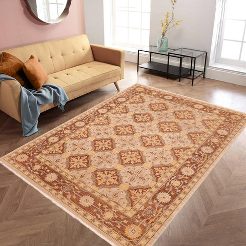 handmade Transitional Kafkaz Beige Brown Hand Knotted RECTANGLE 100% WOOL area rug 6X9