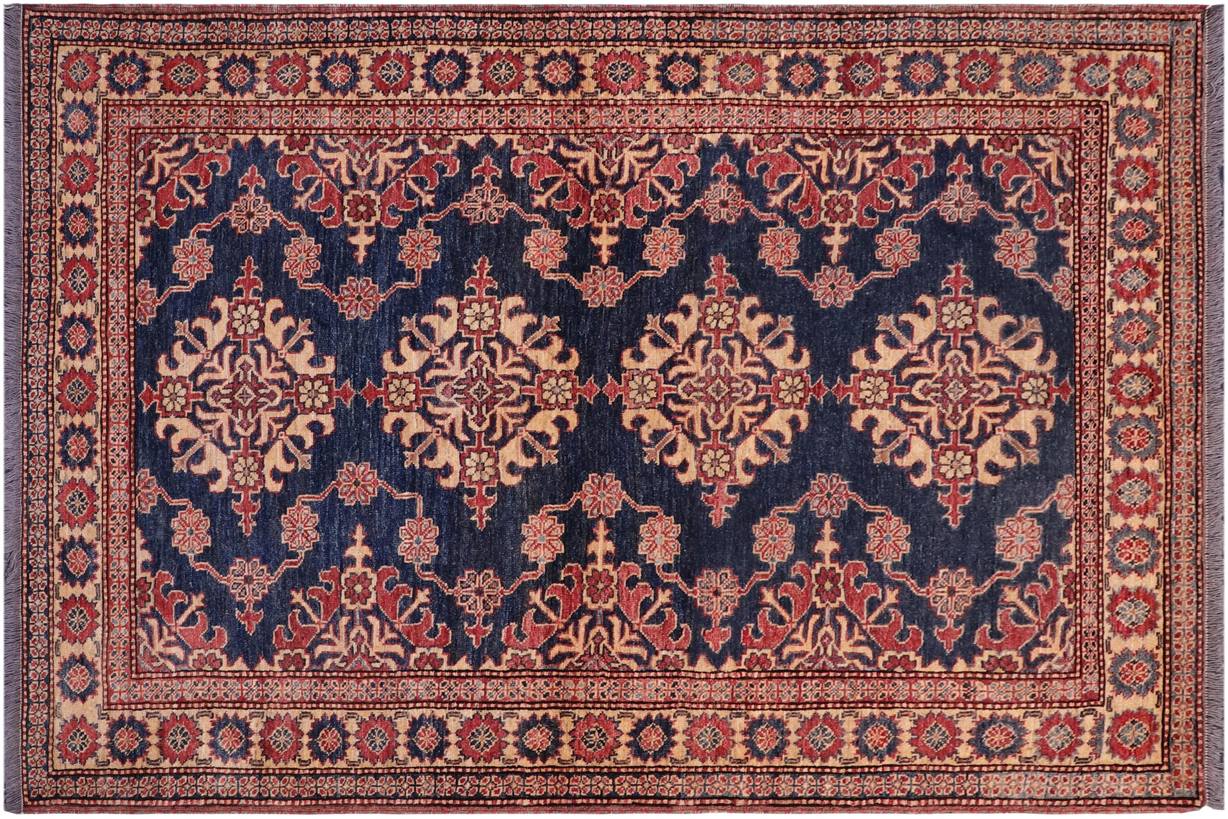 handmade Geometric Super Kazak Blue Tan Hand Knotted RECTANGLE 100% WOOL area rug 5' x 6'