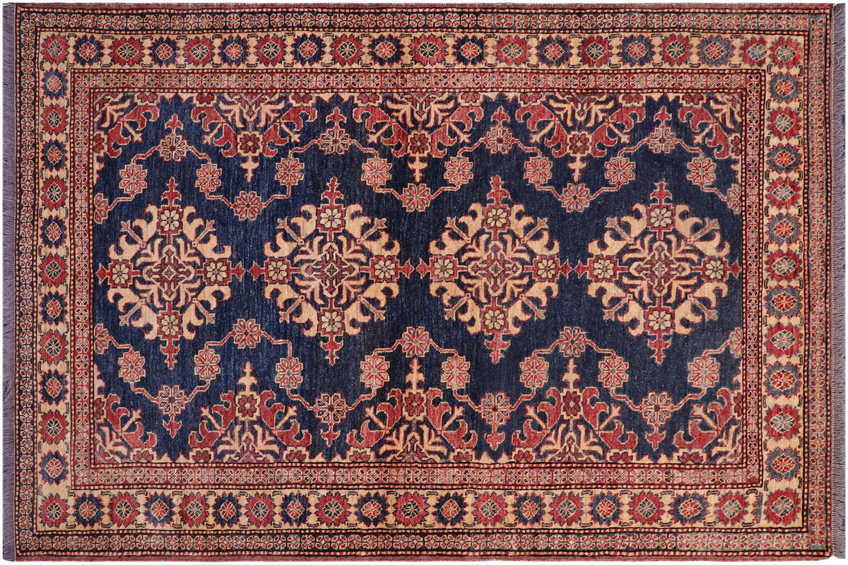 handmade Geometric Super Kazak Blue Tan Hand Knotted RECTANGLE 100% WOOL area rug 5' x 6'
