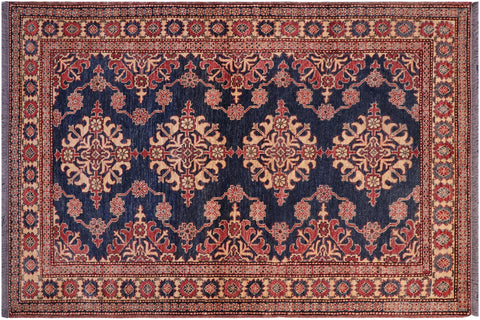 handmade Geometric Super Kazak Blue Tan Hand Knotted RECTANGLE 100% WOOL area rug 5' x 6'