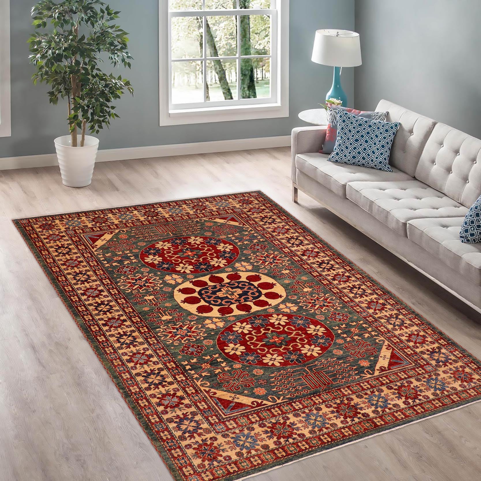 handmade Geometric Super Kazak Green Beige Hand Knotted RECTANGLE 100% WOOL area rug 7' x 10'