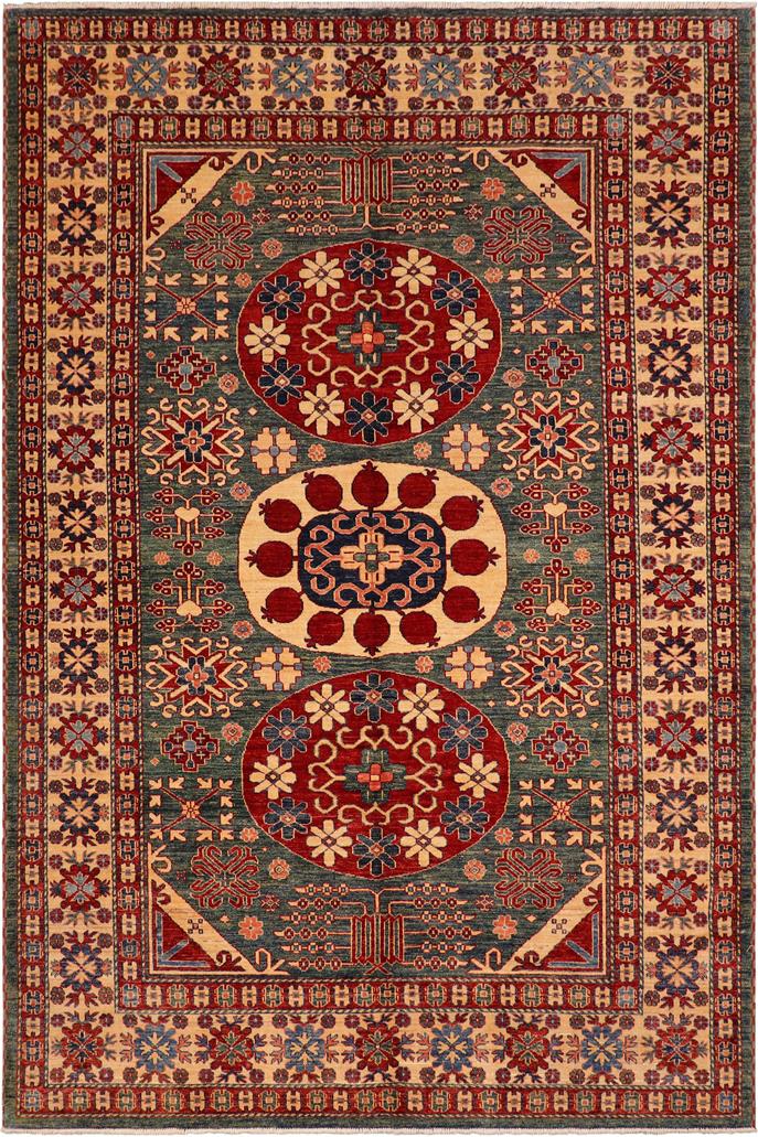 Tribal Super Kazak Magaly Green/Beige Wool Rug - 6'10''X9'6''