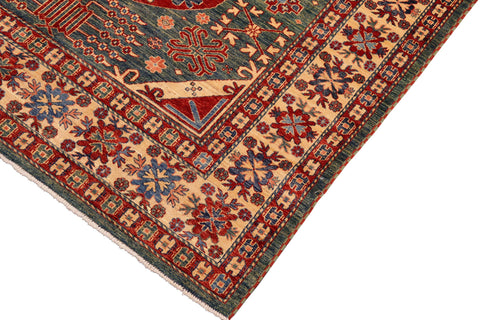 handmade Geometric Super Kazak Green Beige Hand Knotted RECTANGLE 100% WOOL area rug 7' x 10'