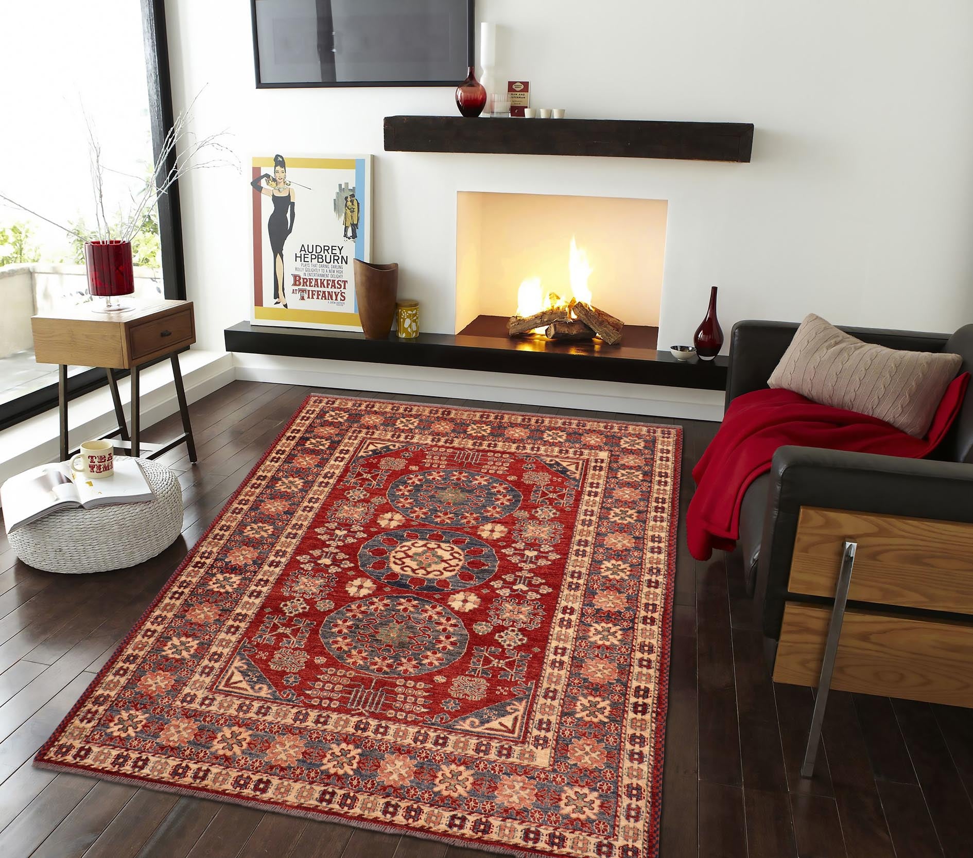handmade Geometric Super Kazak Red Blue Hand Knotted RECTANGLE 100% WOOL area rug 5' x 6'