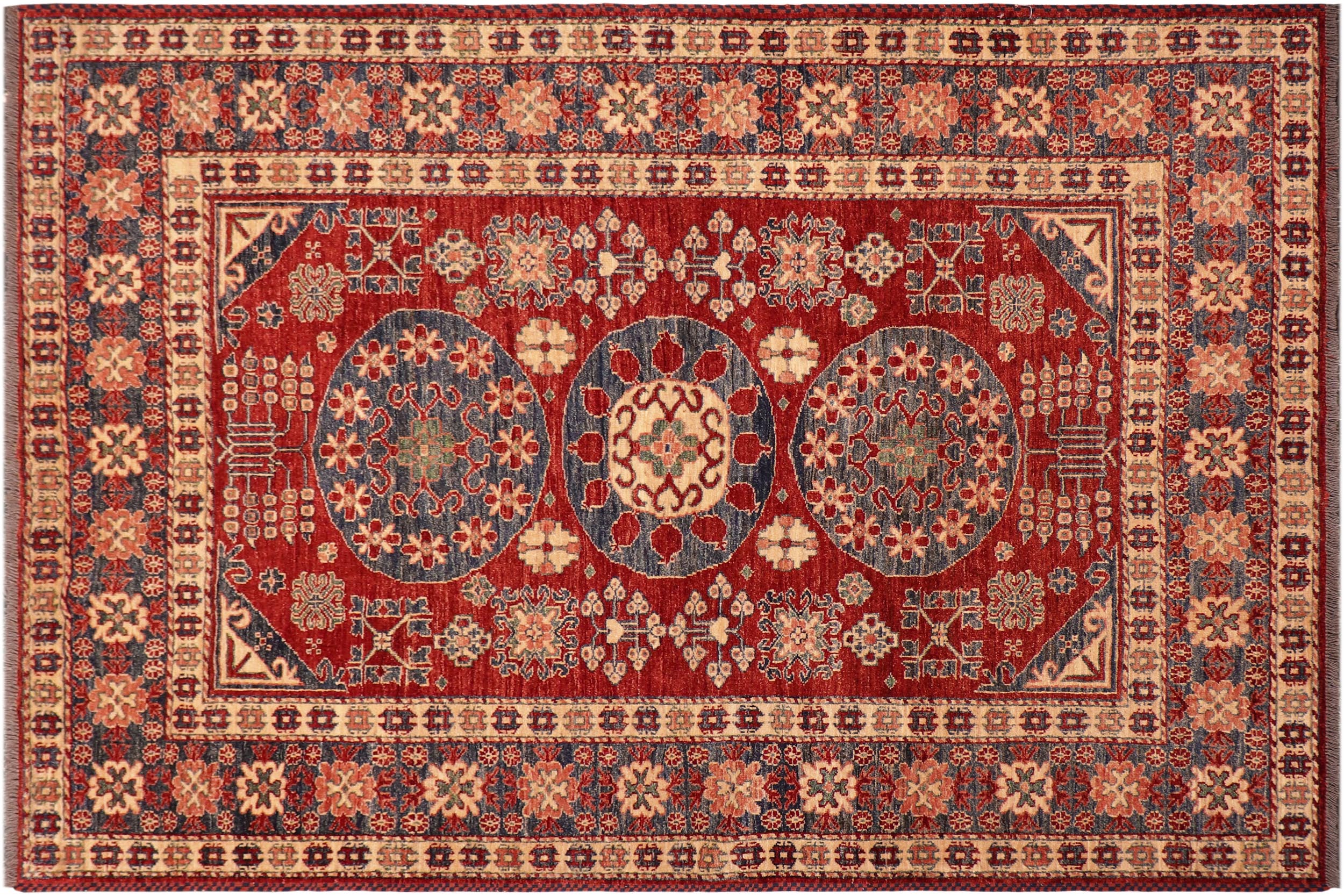 handmade Geometric Super Kazak Red Blue Hand Knotted RECTANGLE 100% WOOL area rug 5' x 6'
