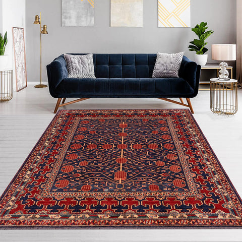 handmade Geometric Super Kazak Blue Red Hand Knotted RECTANGLE 100% WOOL area rug 7' x 8'