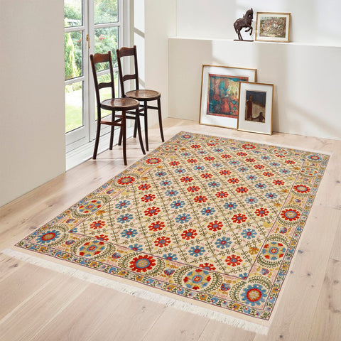 handmade Geometric Kafkaz Beige Blue Hand Knotted RECTANGLE 100% WOOL area rug 10' x 12'
