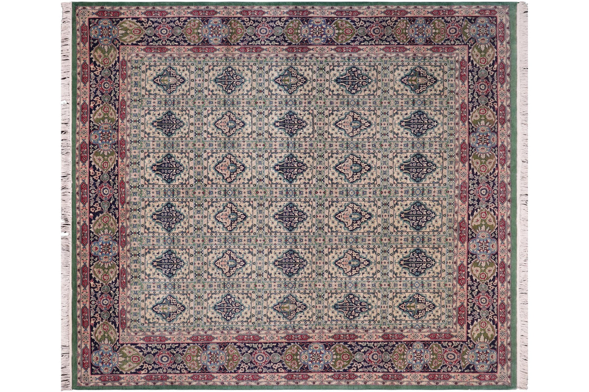 handmade Transitional Bakhtair Green Blue Hand Knotted RECTANGLE 100% WOOL area rug 8x9