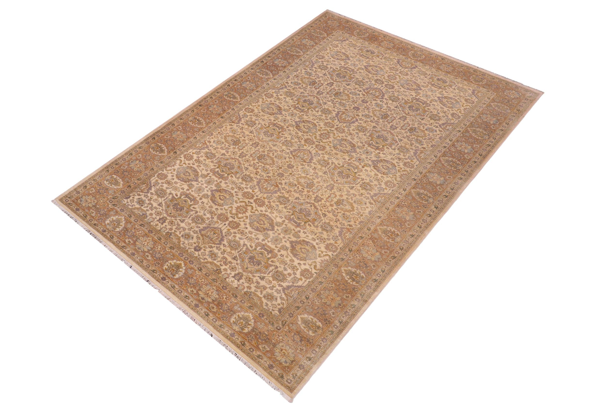 handmade Transitional Lahore Ivory Lt. Brown Hand Knotted RECTANGLE 100% WOOL area rug 6' x 12'
