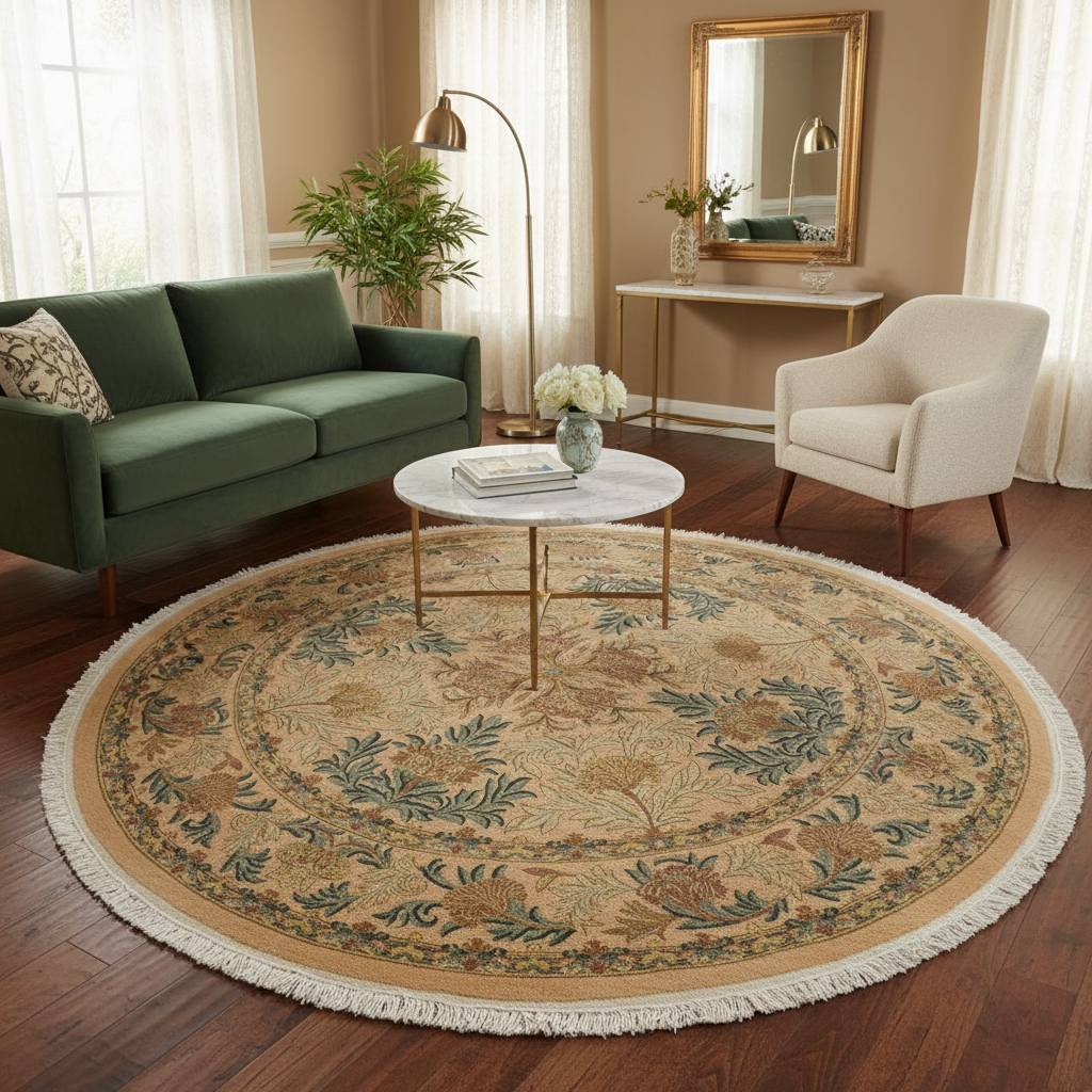 handmade Traditional Tulip Tan Green Hand Knotted ROUND 100% WOOL area rug 8'x8'