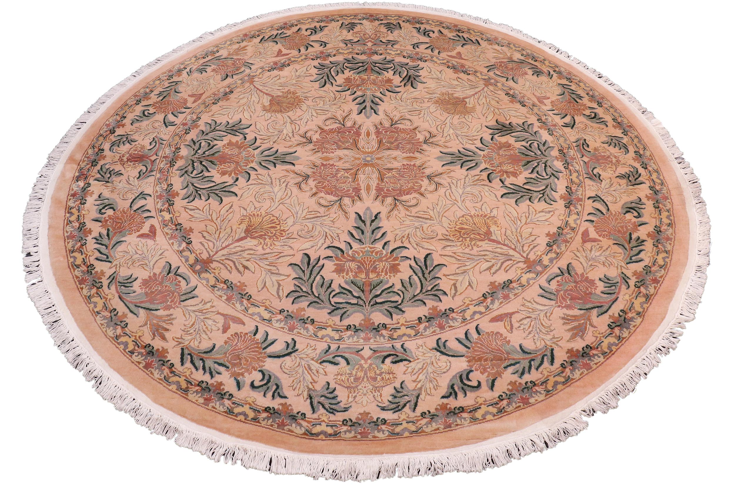 handmade Traditional Tulip Tan Green Hand Knotted ROUND 100% WOOL area rug 8' x 8'