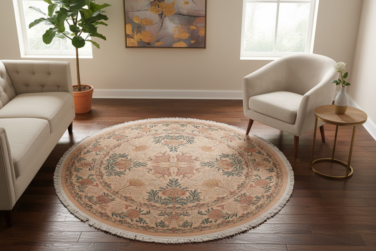 handmade Traditional Tulip Tan Green Hand Knotted ROUND 100% WOOL area rug 8' x 8'