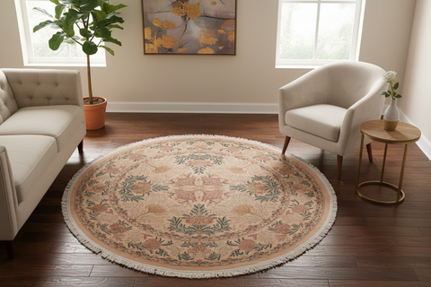 handmade Traditional Tulip Tan Green Hand Knotted ROUND 100% WOOL area rug 8' x 8'