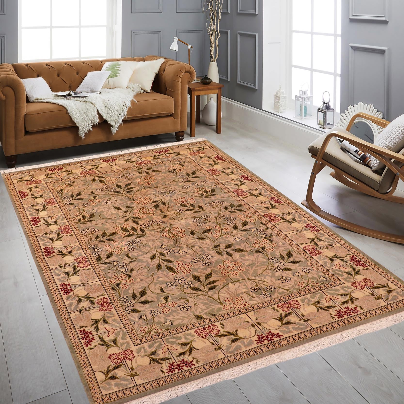 handmade Transitional Chambali Green Beige Hand Knotted RECTANGLE 100% WOOL area rug 6' x 9'