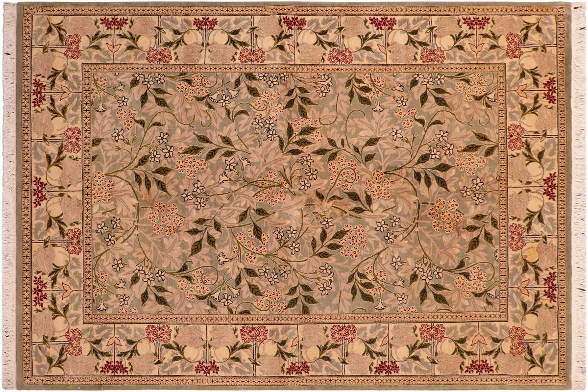 handmade Transitional Chambali Green Beige Hand Knotted RECTANGLE 100% WOOL area rug 6' x 9'