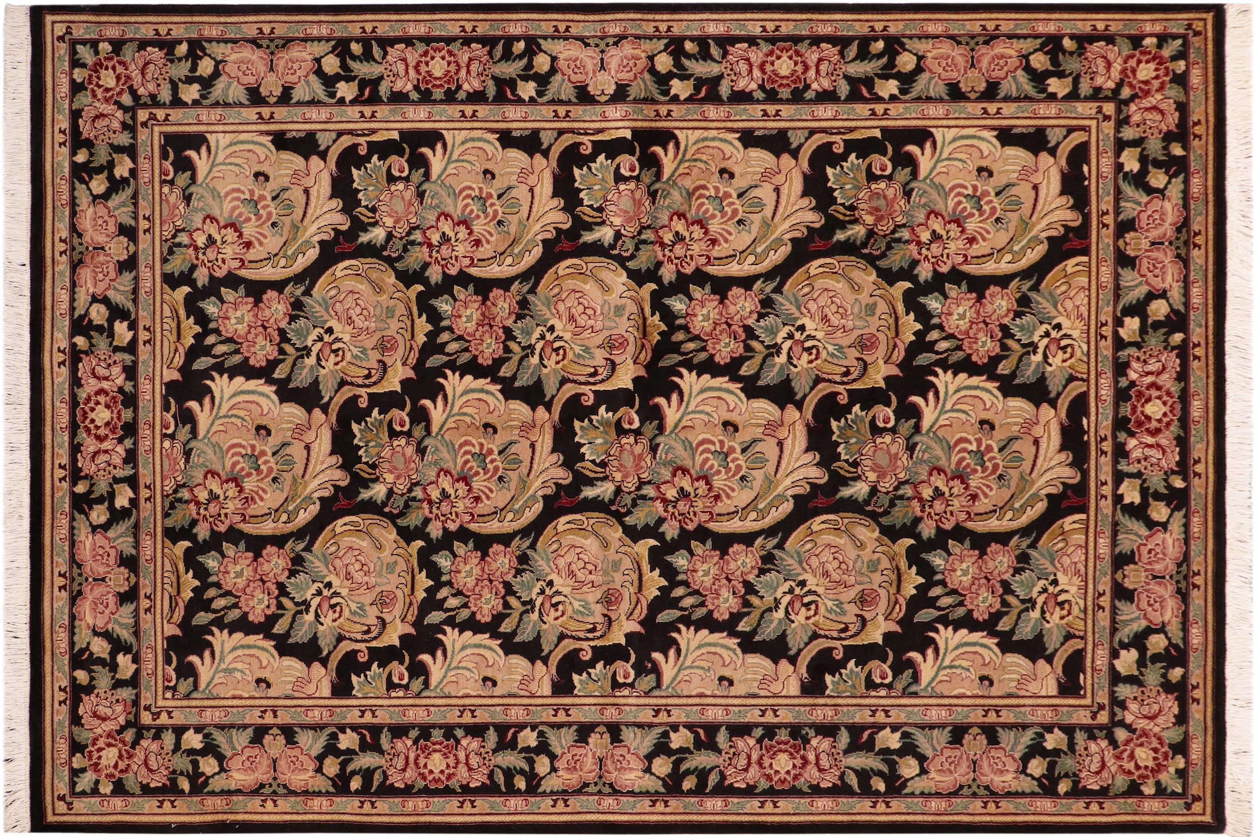handmade Transitional Basarabian Black Pink Hand Knotted RECTANGLE 100% WOOL area rug 6' x 9'