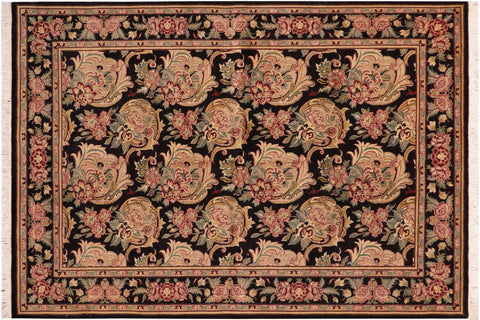 handmade Transitional Basarabian Black Pink Hand Knotted RECTANGLE 100% WOOL area rug 6' x 9'