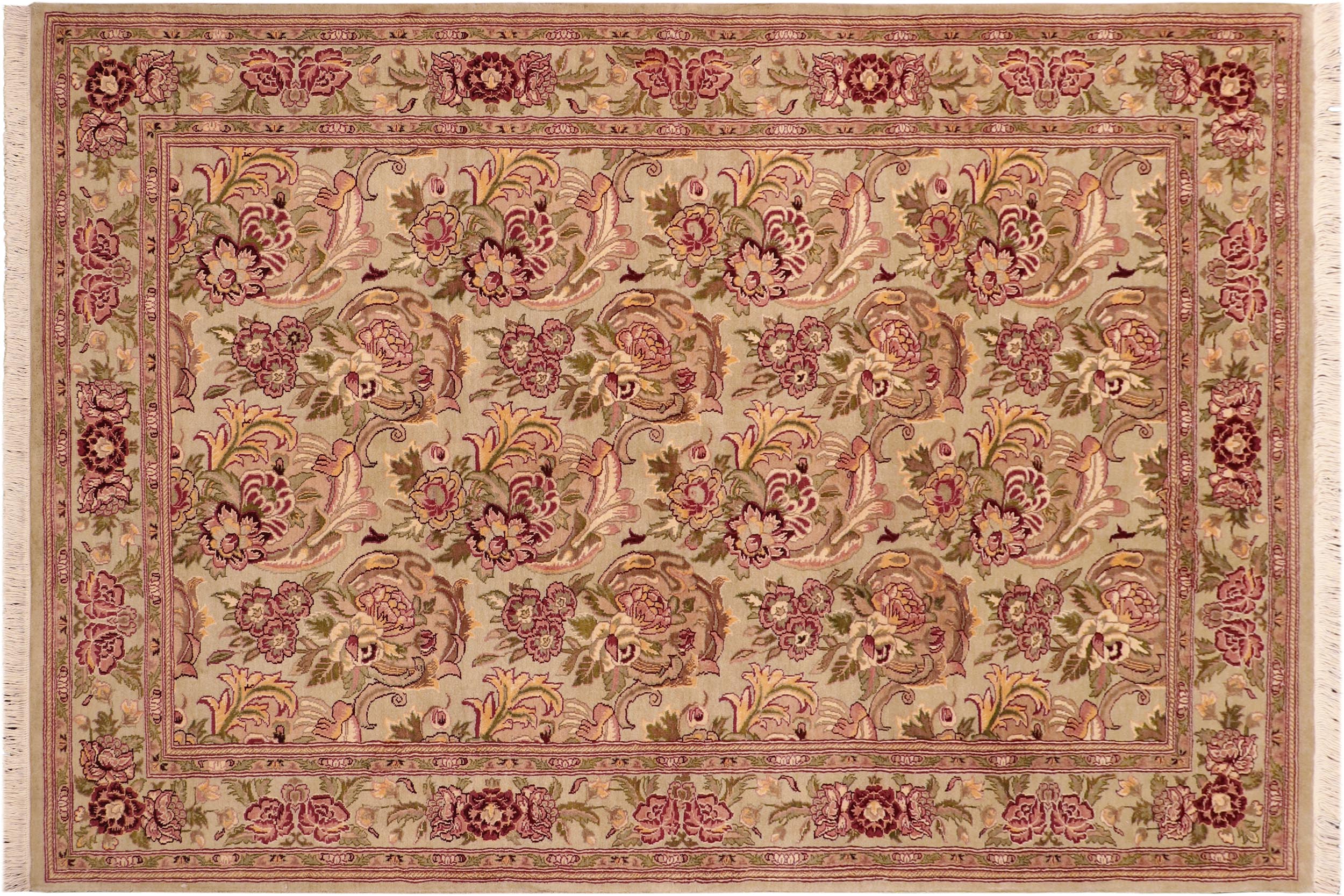 handmade Transitional Basarabian Green Pink Hand Knotted RECTANGLE 100% WOOL area rug 6' x 9'