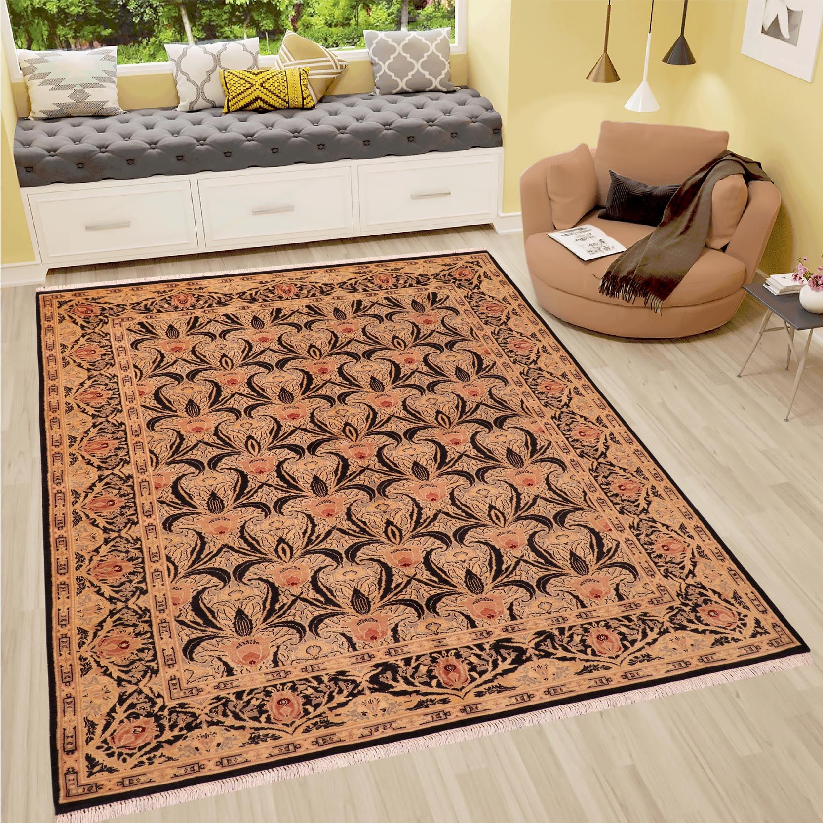 handmade Transitional Tulip Black Red Hand Knotted RECTANGLE 100% WOOL area rug 6' x 9'