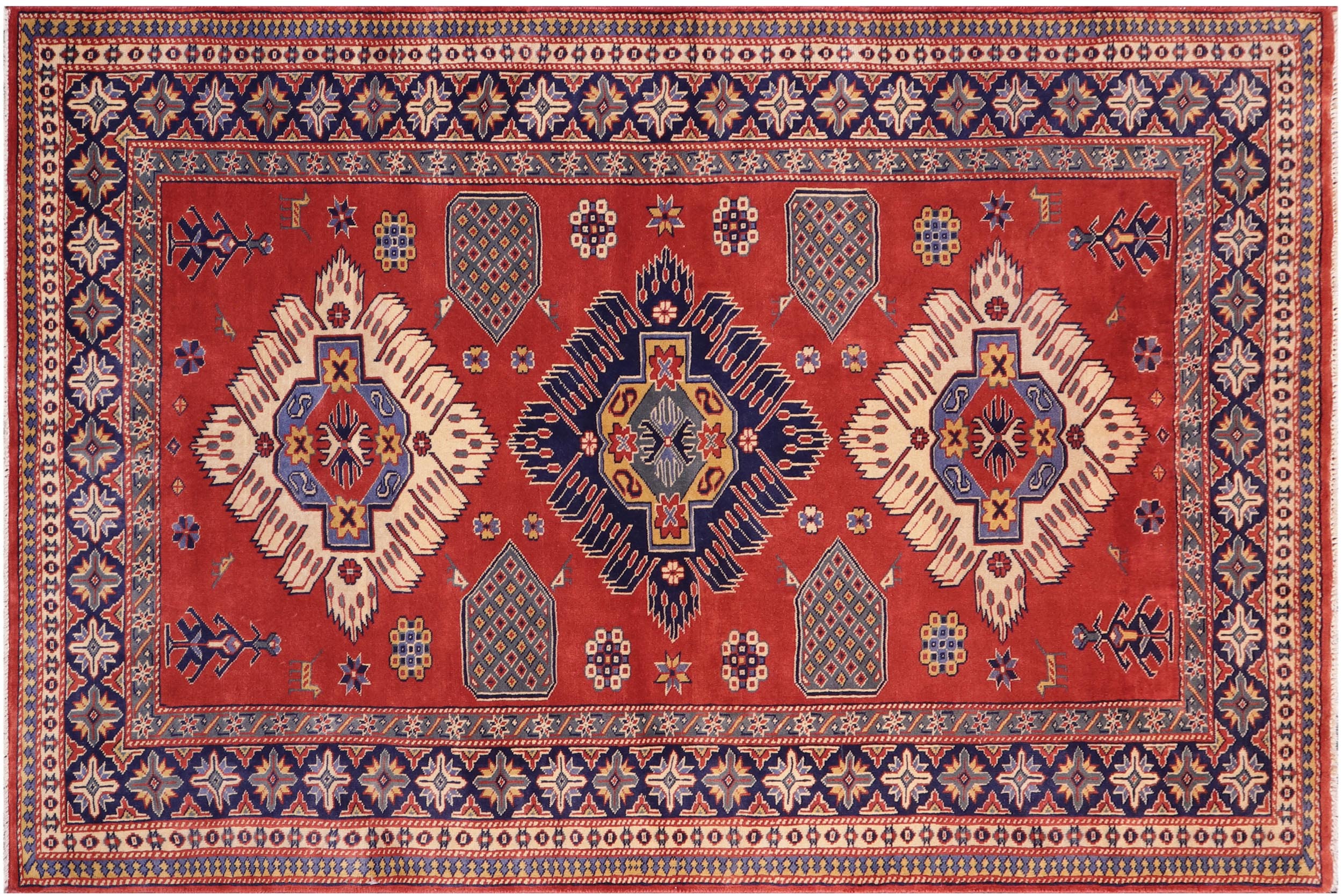 handmade Geometric Sherwan Rust Blue Hand Knotted RECTANGLE 100% WOOL area rug 5x6