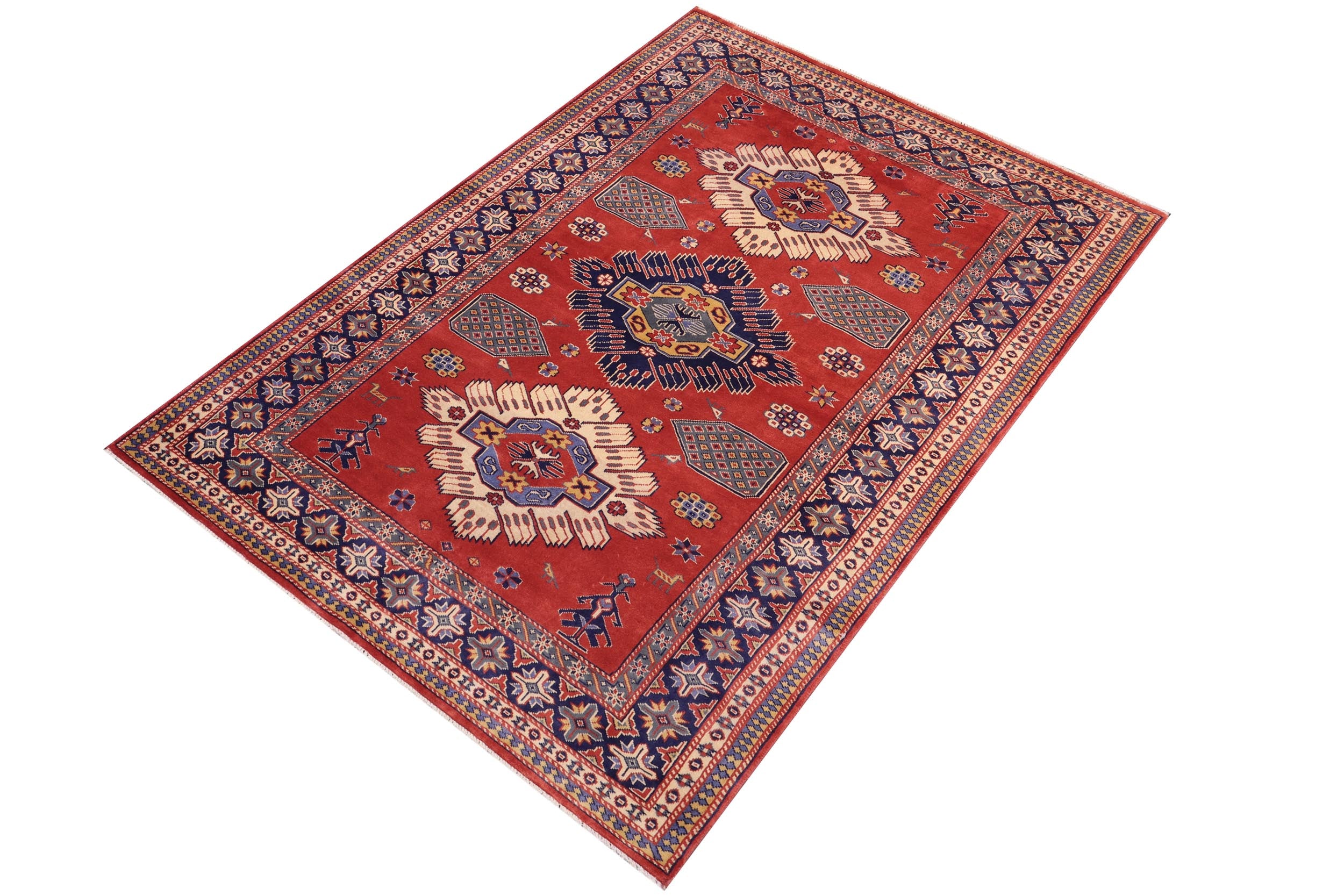 handmade Geometric Sherwan Rust Blue Hand Knotted RECTANGLE 100% WOOL area rug 5x6