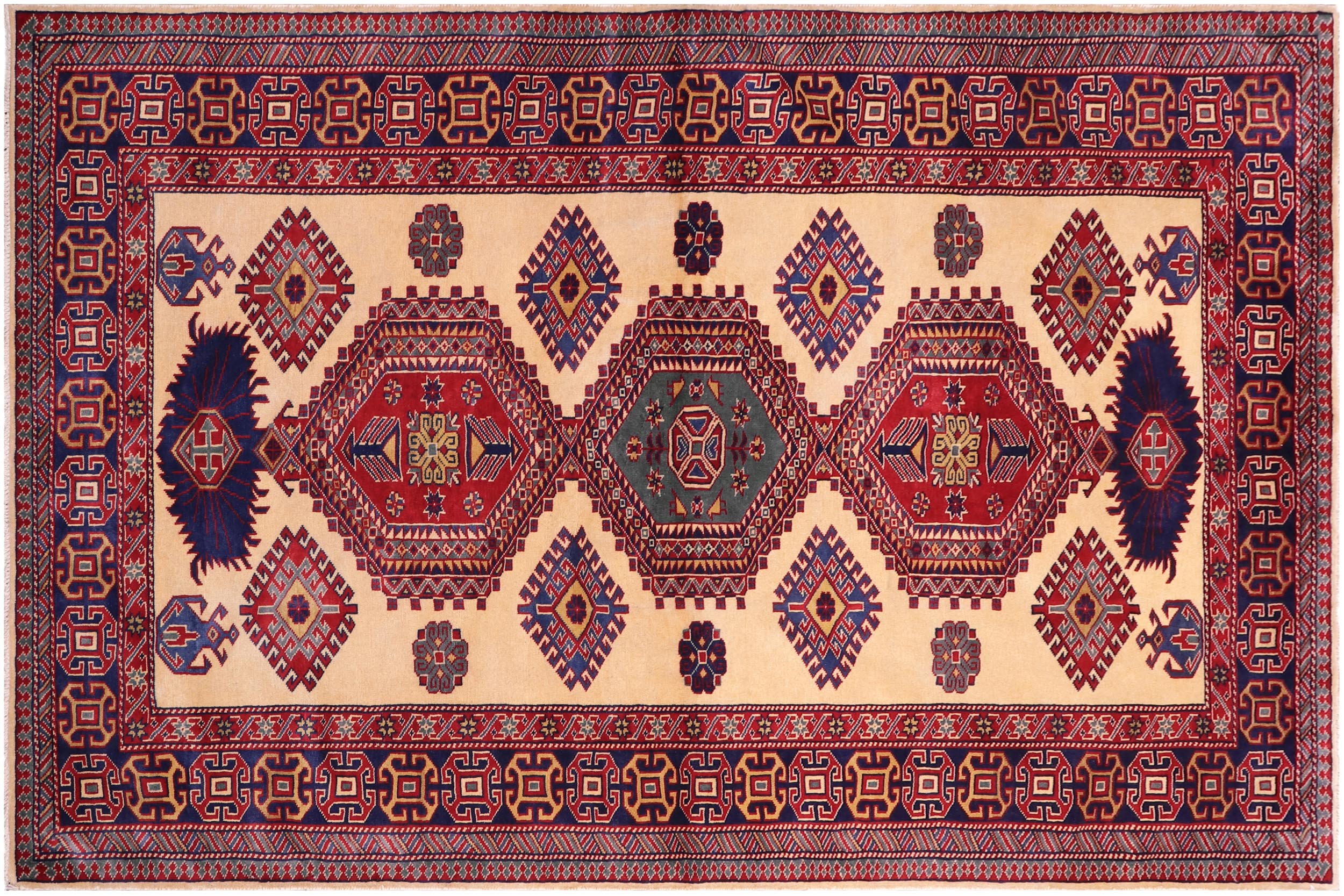 handmade Geometric Sherwan Gold Blue Hand Knotted RECTANGLE 100% WOOL area rug 5x6