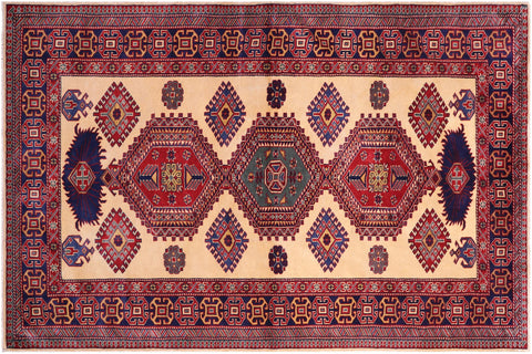 handmade Geometric Sherwan Gold Blue Hand Knotted RECTANGLE 100% WOOL area rug 5x6