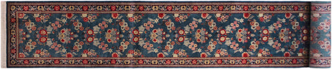 handmade Traditional Gulab Teal Green Blue Hand Knotted RUNNER 100% WOOL area rug 3' x 18'