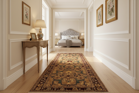 handmade Transitional Kafkaz Dark Tan Drk. Red Hand Knotted RUNNER 100% WOOL area rug 4' x 13'