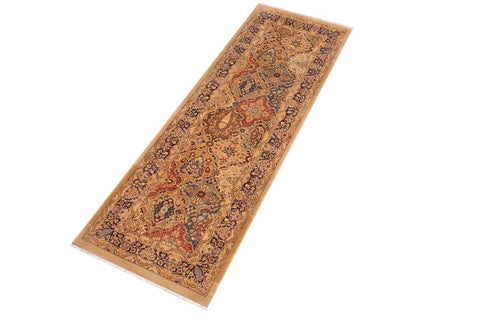 handmade Transitional Veg Dye Gold Blue Hand Knotted RUNNER 100% WOOL area rug 3'X10'