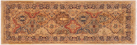 handmade Transitional Veg Dye Gold Blue Hand Knotted RUNNER 100% WOOL area rug 3'X10'