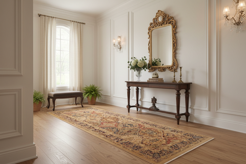 Turkish Knotted Istanbul Madaline Gold/Blue Wool Rug - 3'3''X9'7''