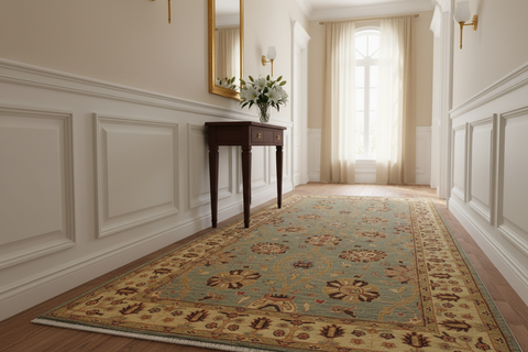 handmade Transitional Kafkaz Lt. Blue Lt. Gold Hand Knotted RUNNER 100% WOOL area rug 4' x 11'