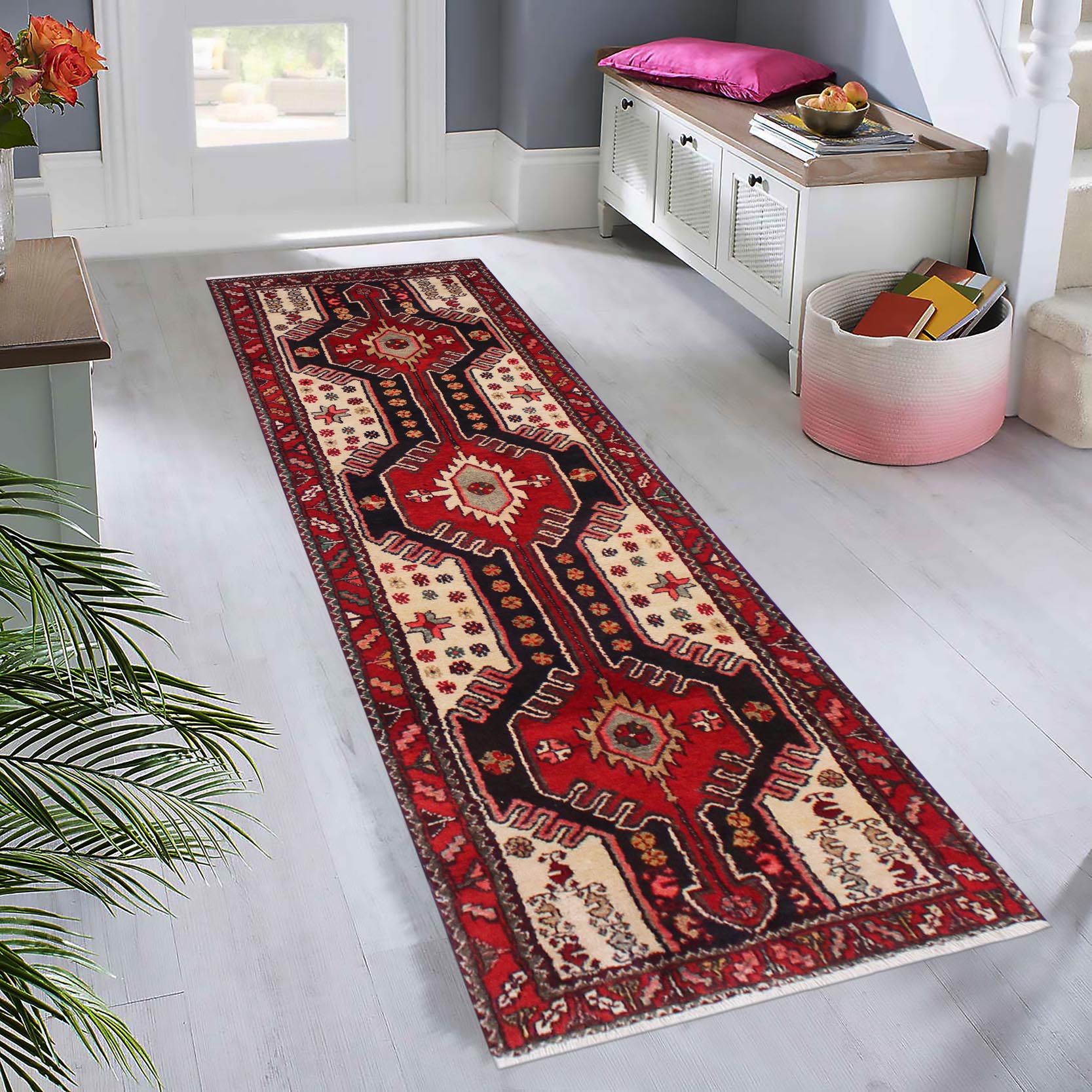 handmade Traditional Hamadan Red Blue Hand Knotted RUNNER 100% WOOL area rug 3 x 11
